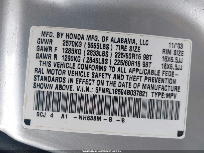 2004 Honda Odyssey Lx VIN: 5FNRL18594B037821 Lot: 42947494