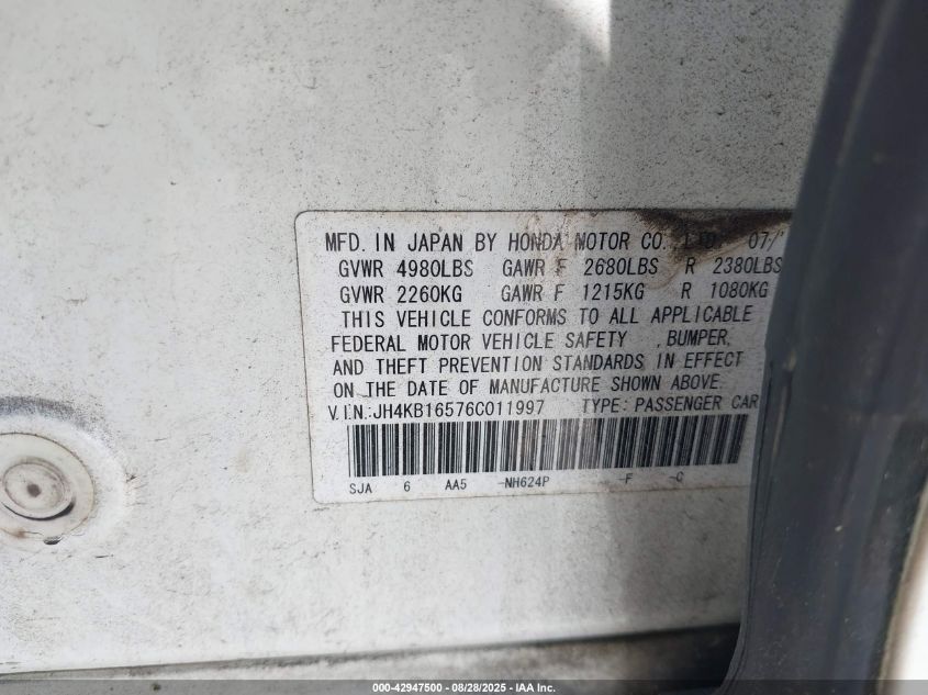 2006 Acura Rl 3.5 VIN: JH4KB16576C011997 Lot: 42947500