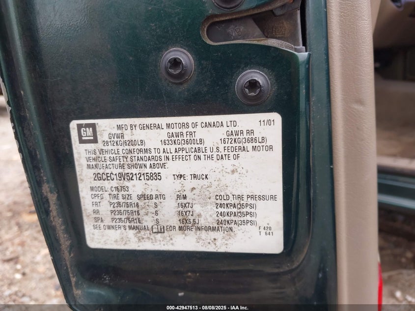 2002 Chevrolet Silverado 1500 Ls VIN: 2GCEC19V521215835 Lot: 42947513