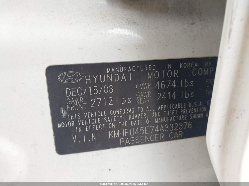 2004 Hyundai Xg350 L VIN: KMHFU45E74A332376 Lot: 42947527