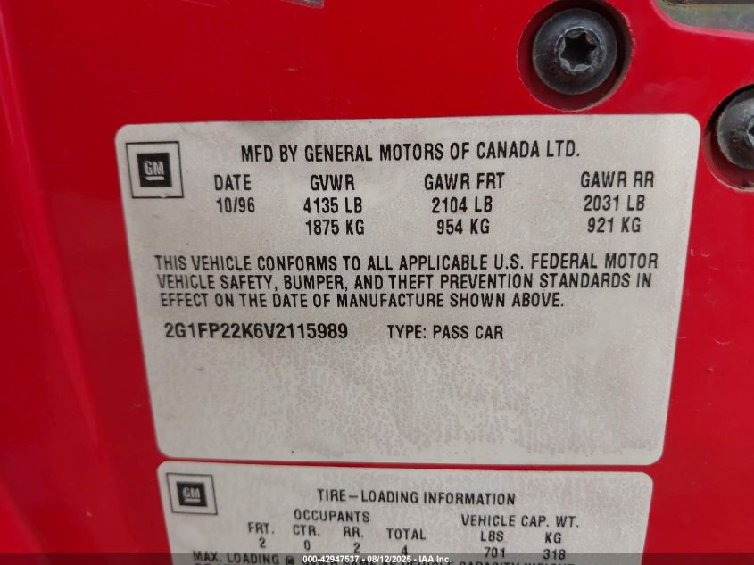 1997 Chevrolet Camaro Rs VIN: 2G1FP22K6V2115989 Lot: 42947537