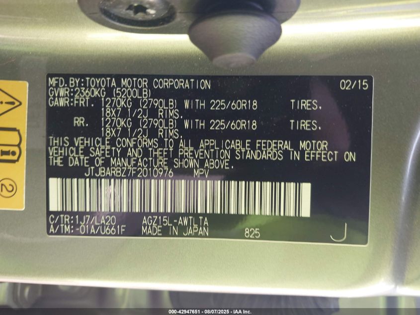 2015 Lexus Nx 200T VIN: JTJBARBZ7F2010976 Lot: 42947651