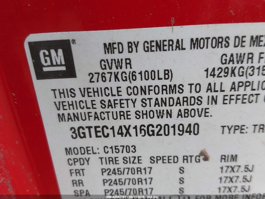 2006 GMC Sierra 1500 Work Truck VIN: 3GTEC14X16G201940 Lot: 42947781