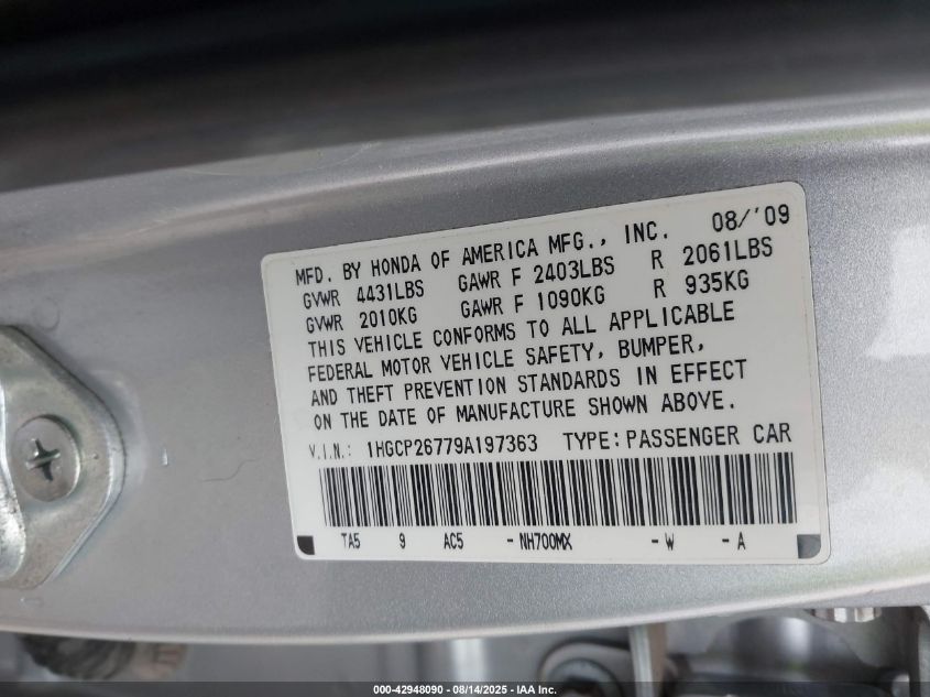 2009 Honda Accord 2.4 Ex VIN: 1HGCP26779A197363 Lot: 42948090