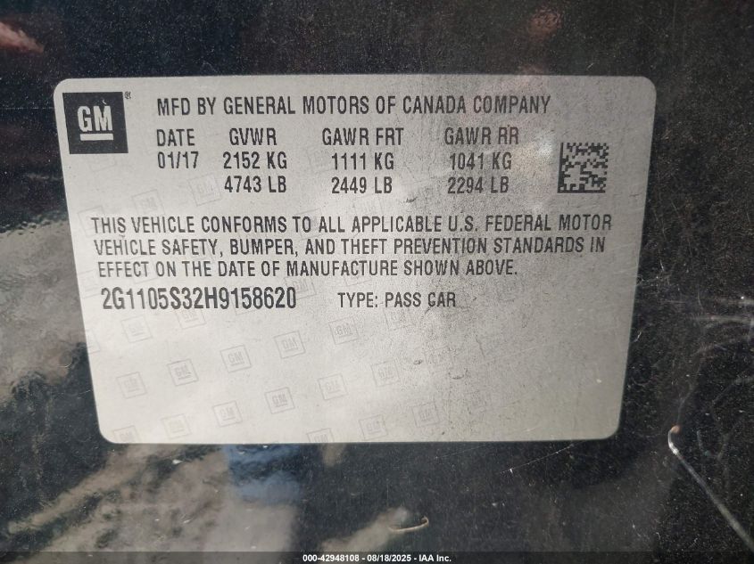 2017 Chevrolet Impala 1Lt VIN: 2G1105S32H9158620 Lot: 42948108