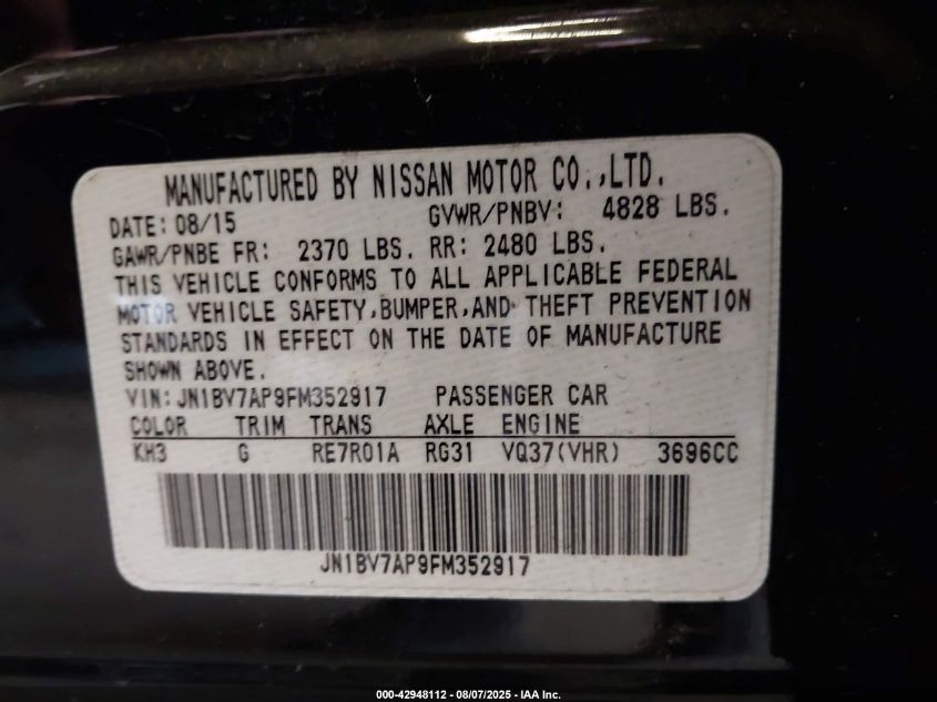 2015 Infiniti Q50 Premium VIN: JN1BV7AP9FM352917 Lot: 42948112