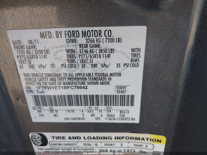 2011 Ford F-150 Xlt VIN: 1FTFW1ET1BFC76642 Lot: 42948161