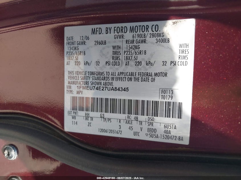 2007 Ford Explorer Eddie Bauer VIN: 1FMEU74E27UA84345 Lot: 42948188