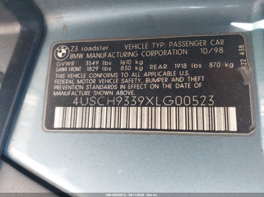 1999 BMW Z3 2.3 VIN: 4USCH9339XLG00523 Lot: 42948212