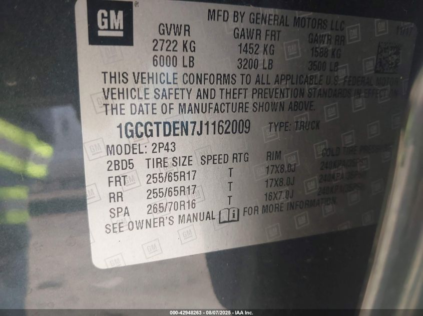 2018 Chevrolet Colorado Z71 VIN: 1GCGTDEN7J1162009 Lot: 42948263