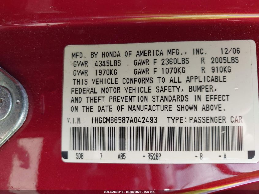 2007 Honda Accord 3.0 Ex VIN: 1HGCM66587A042493 Lot: 42948316