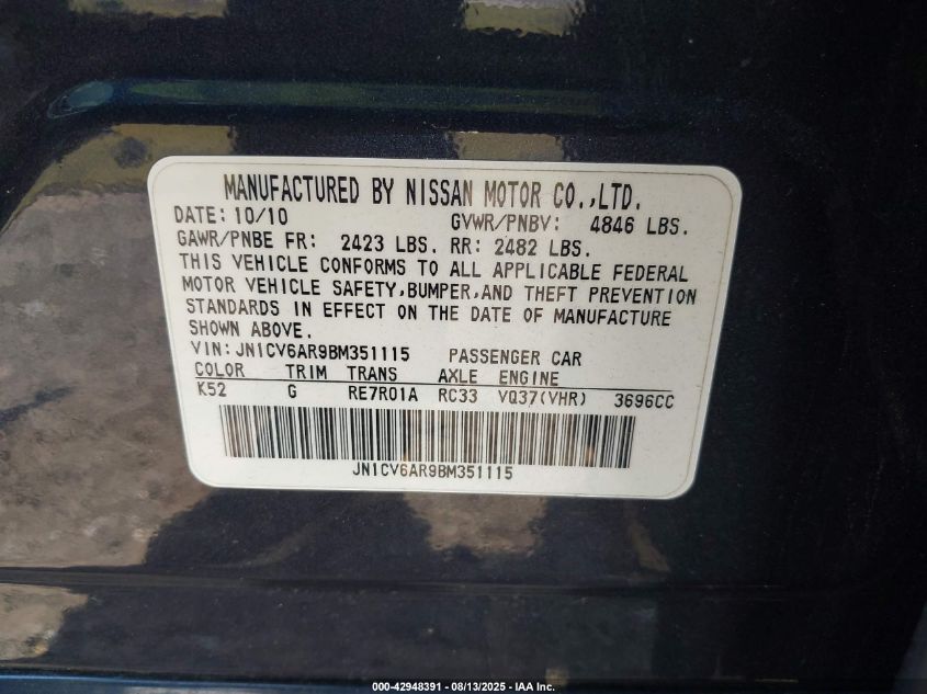 2011 Infiniti G37X VIN: JN1CV6AR9BM351115 Lot: 42948391