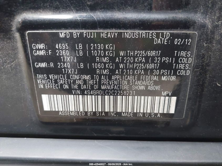 2012 Subaru Outback 3.6R Limited VIN: 4S4BRDLC2C2258231 Lot: 42948527