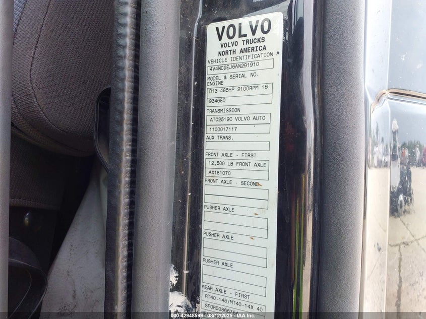 2010 Volvo Vn Vnl VIN: 4V4NC9EJ6AN291910 Lot: 42948599