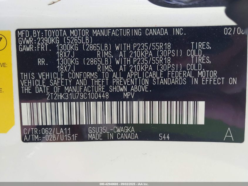 2009 Lexus Rx 350 VIN: 2T2HK31U79C100448 Lot: 42948688