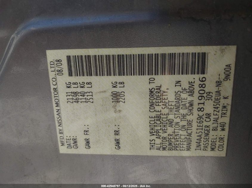 2009 Nissan Maxima 3.5 Sv VIN: 1N4AA51E69C819086 Lot: 42948797