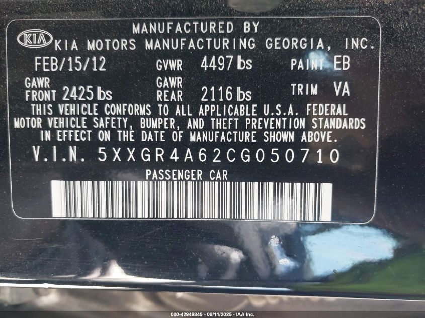 2012 Kia Optima Sx VIN: 5XXGR4A62CG050710 Lot: 42948849