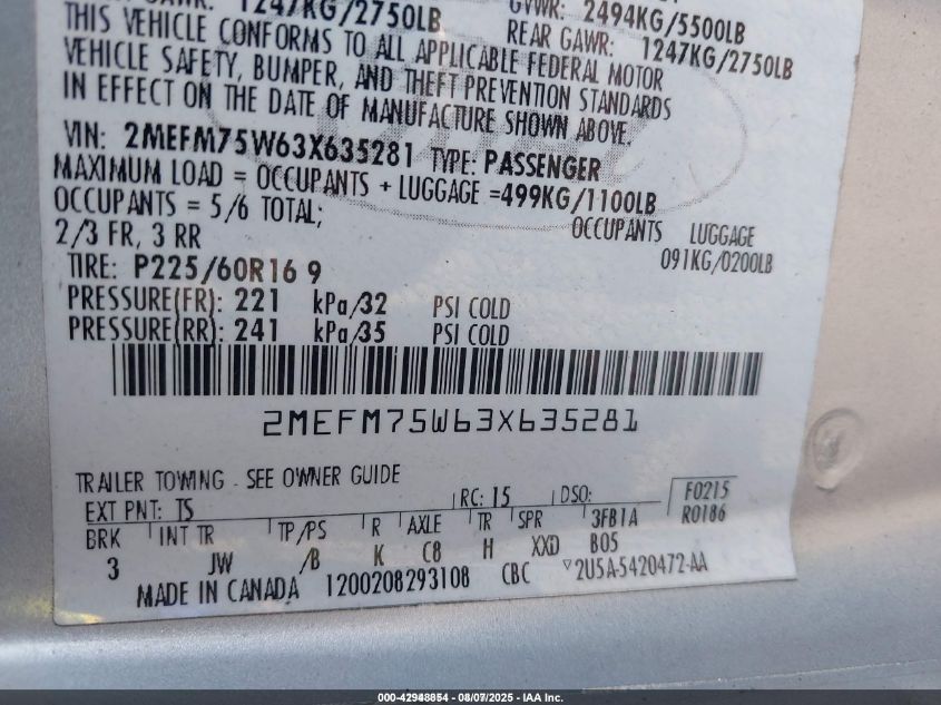 2003 Mercury Grand Marquis Ls VIN: 2MEFM75W63X635281 Lot: 42948854