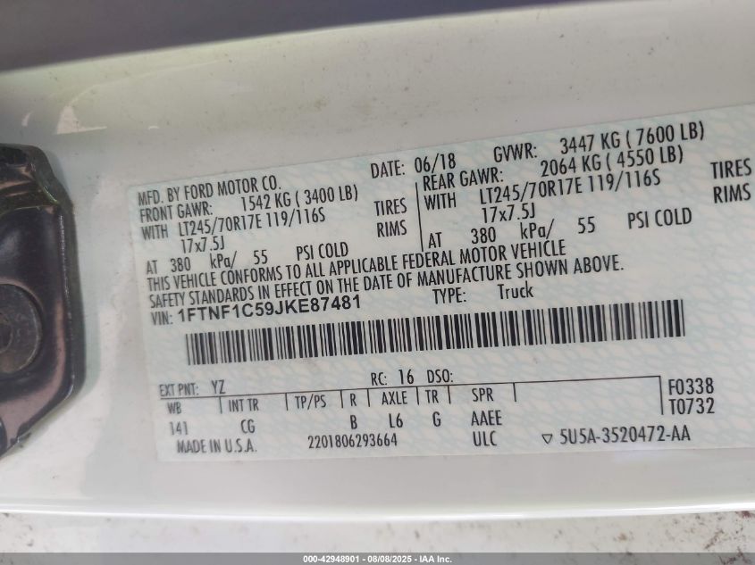 2018 Ford F-150 Xl VIN: 1FTNF1C59JKE87481 Lot: 42948901