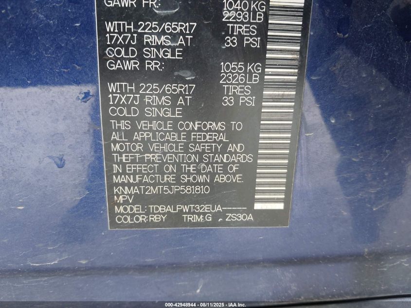 2018 Nissan Rogue S VIN: KNMAT2MT5JP581810 Lot: 42948944