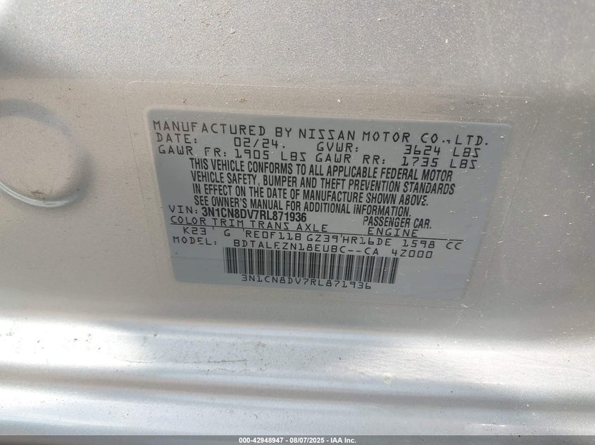 2024 NISSAN VERSA 1.6 S - 3N1CN8DV7RL871936