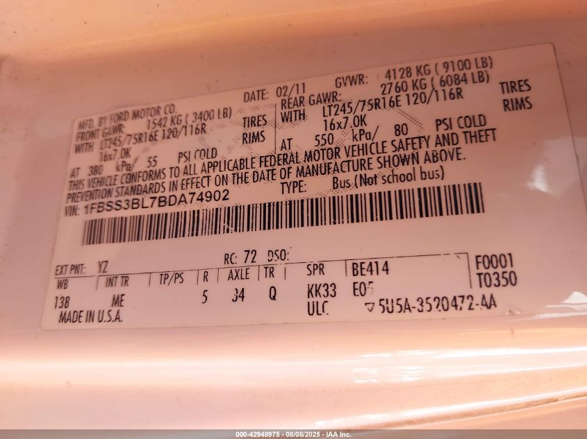 2011 Ford E-350 Super Duty Xlt VIN: 1FBSS3BL7BDA74902 Lot: 42948975