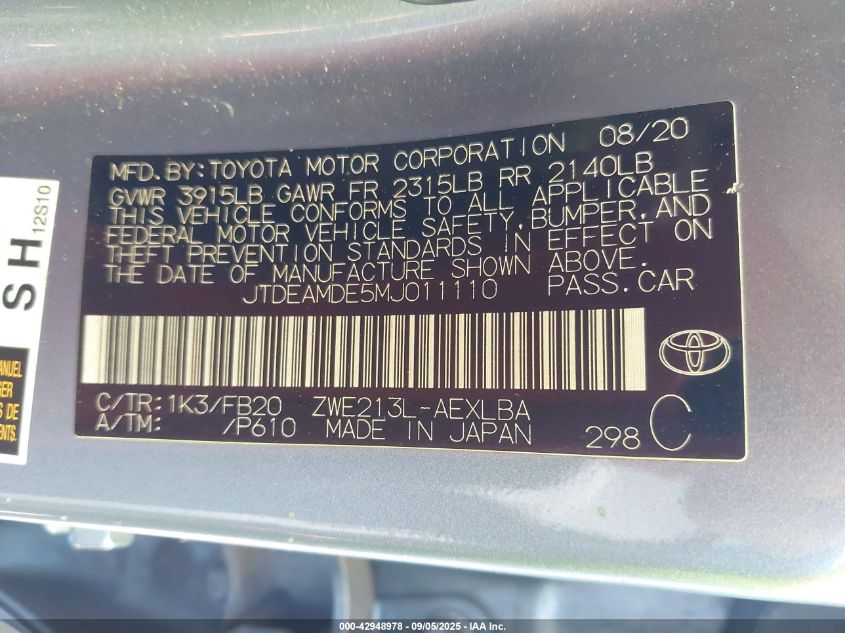 2021 Toyota Corolla Hybrid Le VIN: JTDEAMDE5MJ011110 Lot: 42948978