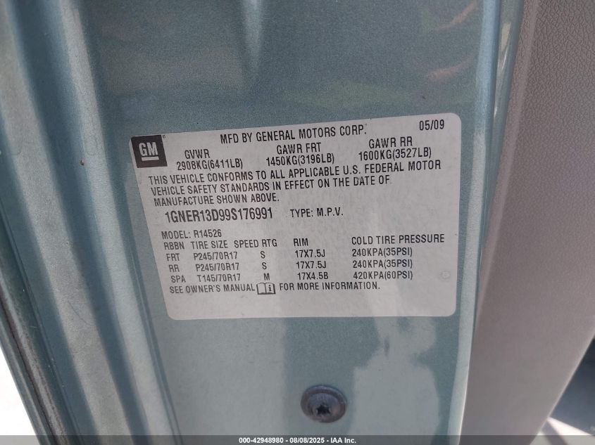 2009 Chevrolet Traverse Ls VIN: 1GNER13D99S176991 Lot: 42948980