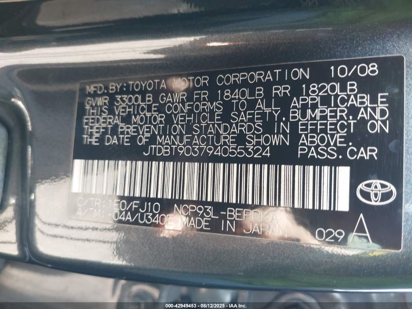 2009 Toyota Yaris VIN: JTDBT903794055324 Lot: 42949453