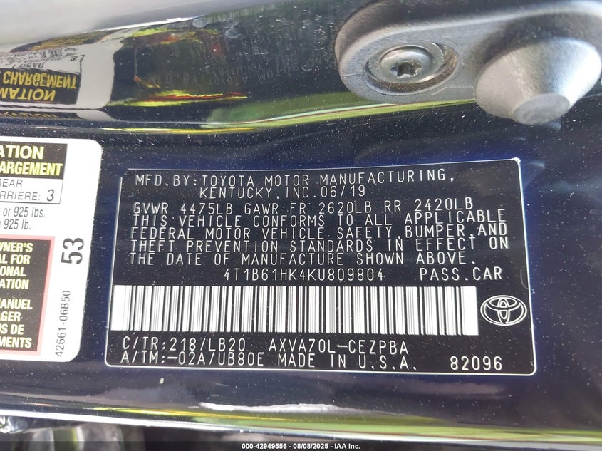 2019 Toyota Camry Xse VIN: 4T1B61HK4KU809804 Lot: 42949556