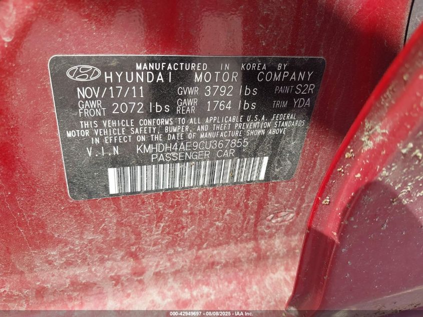 2012 Hyundai Elantra Gls (Ulsan Plant) VIN: KMHDH4AE9CU367855 Lot: 42949697