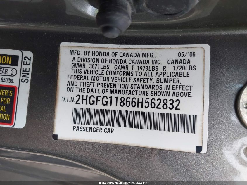 2006 Honda Civic Ex VIN: 2HGFG11866H562832 Lot: 42949776