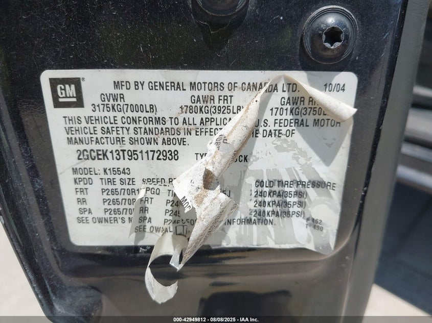 2005 Chevrolet Silverado 1500 Z71 VIN: 2GCEK13T951172938 Lot: 42949812