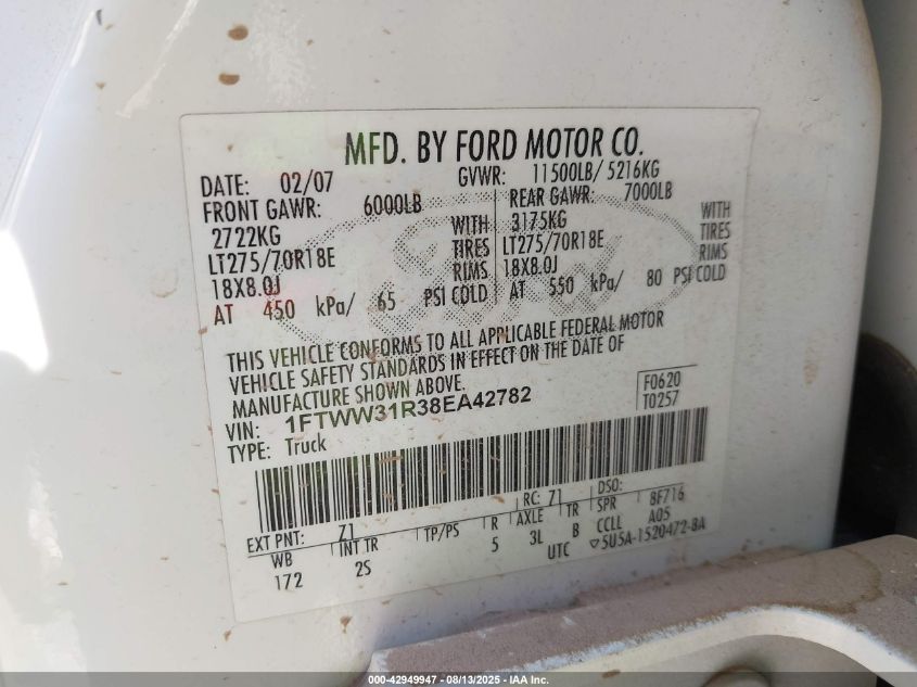 2008 Ford F-350 Xlt VIN: 1FTWW31R38EA42782 Lot: 42949947