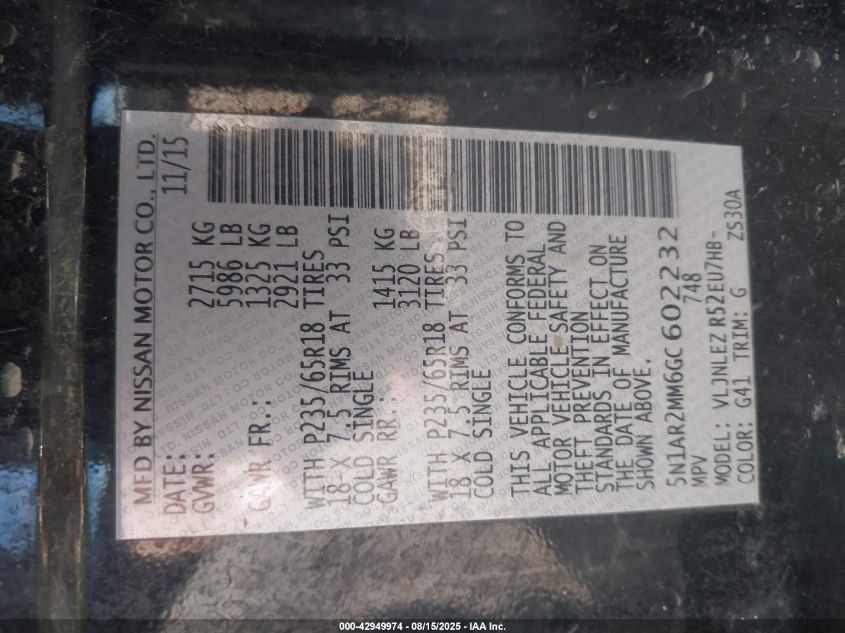 2016 Nissan Pathfinder Sv VIN: 5N1AR2MM6GC602232 Lot: 42949974