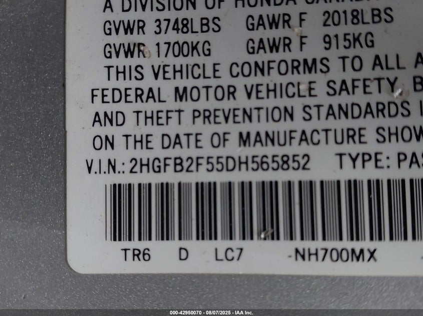 2013 HONDA CIVIC LX 2HGFB2F55DH565852