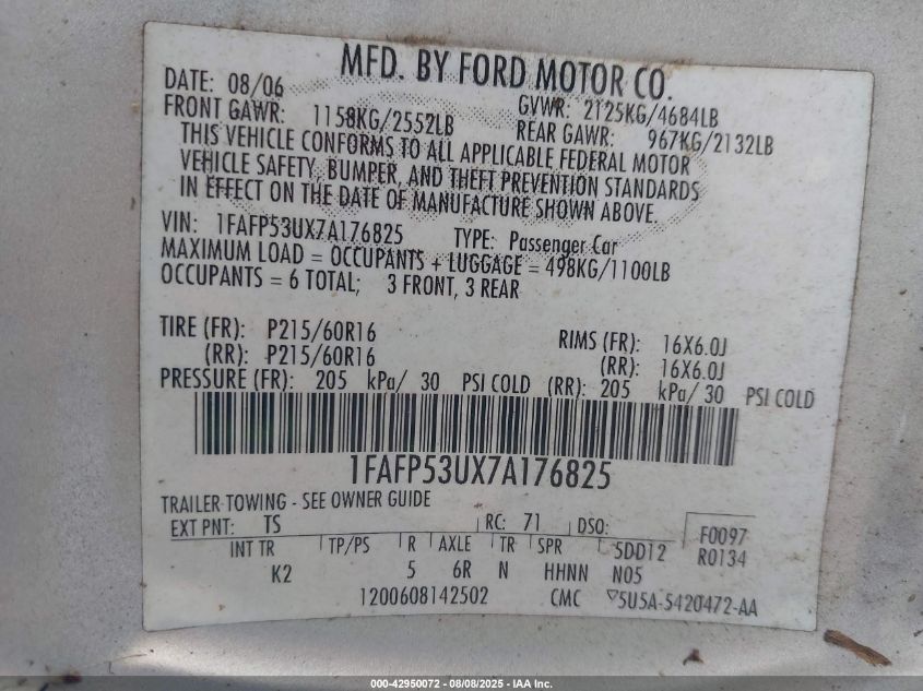 2007 Ford Taurus Se VIN: 1FAFP53UX7A176825 Lot: 42950072