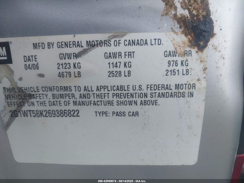 2006 Chevrolet Impala Lt VIN: 2G1WT58K269386822 Lot: 42950074