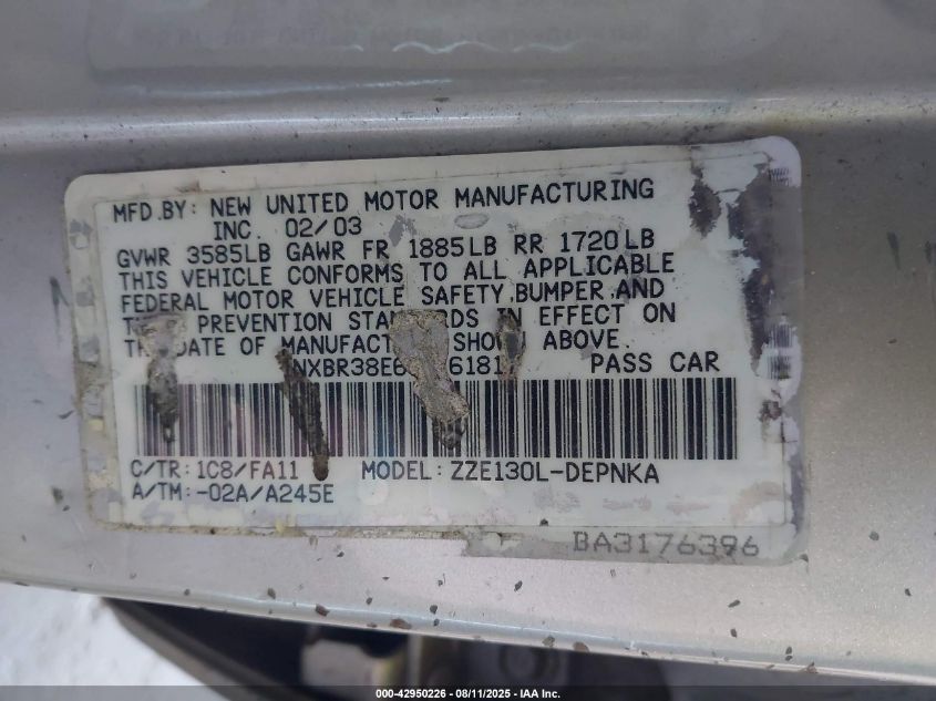 2003 Toyota Corolla Le VIN: 1NXBR38E63Z161817 Lot: 42950226