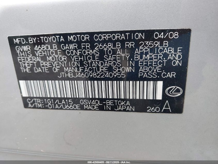 2008 Lexus Es 350 Base (A6) VIN: JTHBJ46G982240955 Lot: 42950409