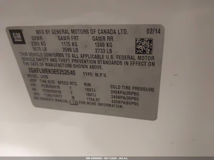 2014 GMC Terrain Sle-2 VIN: 2GKFLWEK9E6252640 Lot: 42950480