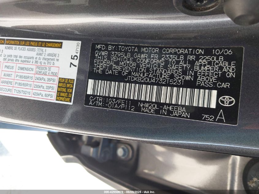 2007 Toyota Prius VIN: JTDKB20U473215231 Lot: 42950678