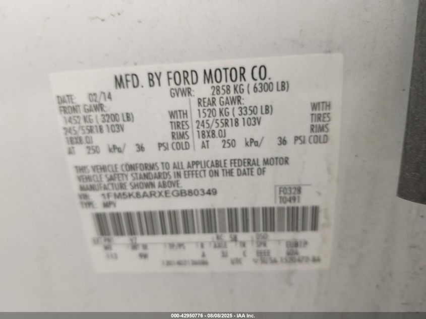 2014 Ford Police Interceptor VIN: 1FM5K8ARXEGB80349 Lot: 42950776
