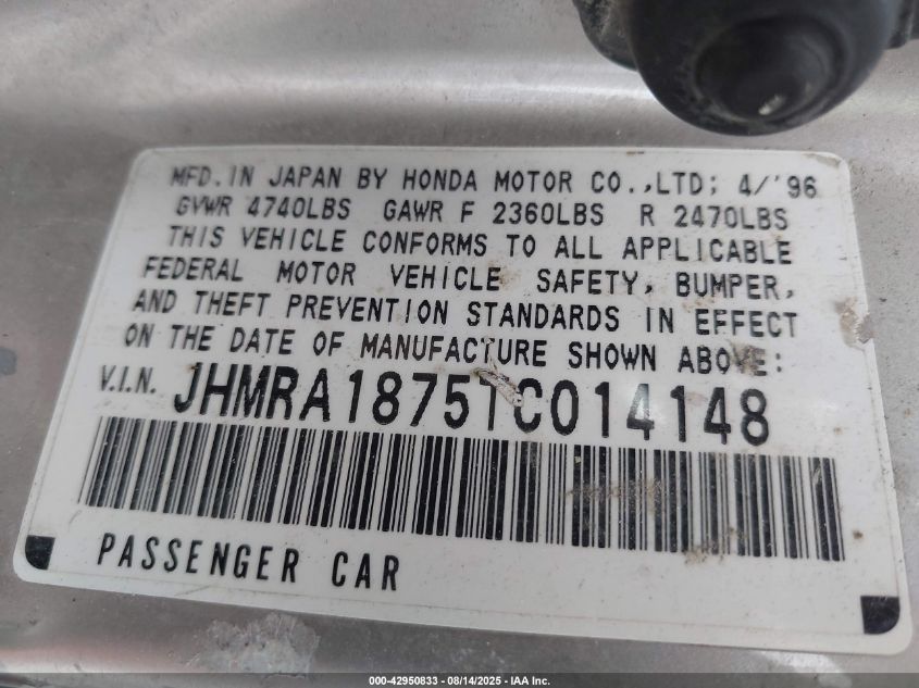 1996 Honda Odyssey Ex VIN: JHMRA1875TC014148 Lot: 42950833