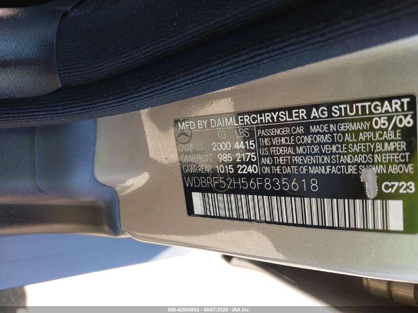 2006 Mercedes-Benz C 230 Sport VIN: WDBRF52H56F835618 Lot: 42950853