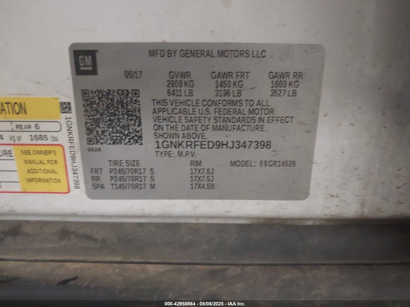 2017 Chevrolet Traverse Ls VIN: 1GNKRFED9HJ347398 Lot: 42950864