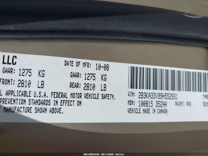 2009 Dodge Charger Sxt VIN: 2B3KA33V99H552931 Lot: 42951039