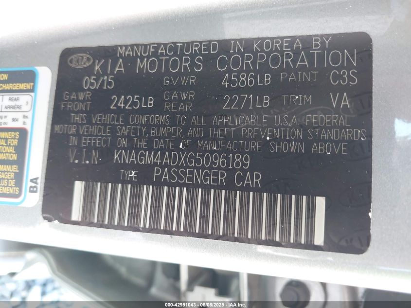 2016 Kia Optima Hybrid VIN: KNAGM4ADXG5096189 Lot: 42951043