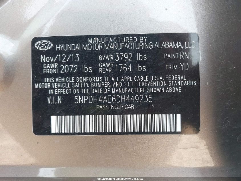 2013 Hyundai Elantra Gls VIN: 5NPDH4AE6DH449235 Lot: 42951089