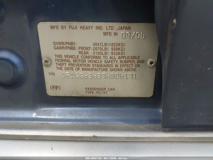 2007 Subaru Impreza Outback Sport VIN: JF1GG63637H806171 Lot: 42951102